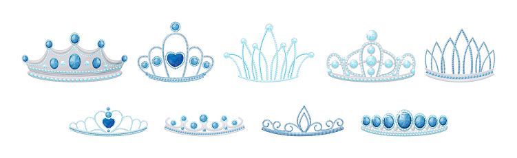 Blue Tiara or Diadem as Jeweled Ornamental Crown Vector Set. Royal Precious Intricate Accessory with Diamond Worn on Head Concept