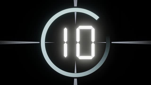 LCD countdown numbers from 10 to 1 on black background