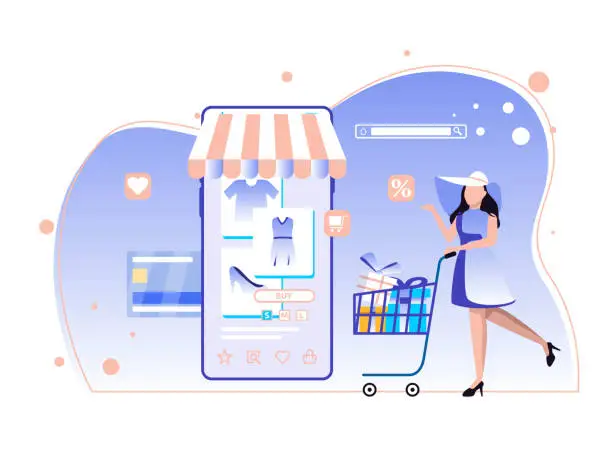 Vector illustration of Illustration of online shopping concept, women enjoy shopping online. suitable for web application design, banners, landing pages. flat style illustration.