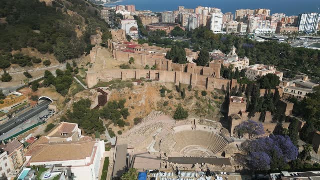 Drone shot of Alcazaba fortification and Roman theatre, Malaga, Andalusia, Spain