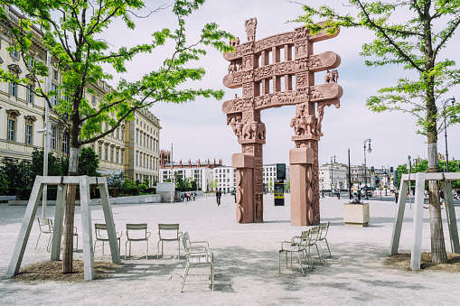 Berlin, Germany - May 22, 2023: A replica of the Sanchi gate is erected in front of the Berlin Palace opposite the Berlin Cathedral and leads to the entrance of the Humboldt Forum museum complex