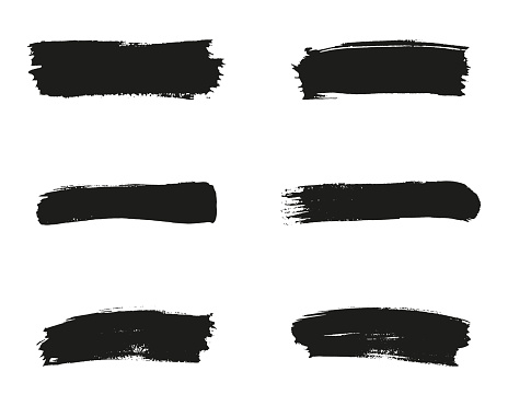 Brush Stroke Black Paint, Grunge Ink Line Set. Paintbrush Dirty Scratch Stripes. Watercolor Brushstroke Splash Collection. Grungy Texture Background, Abstract Design. Isolated Vector Illustration.