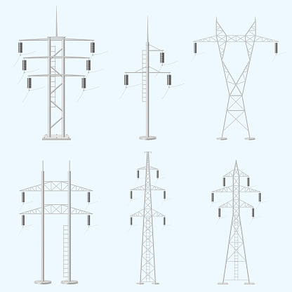 istock Electricity poles. Metal surface voltage power construction decent vector realistic illustrations 1516059191