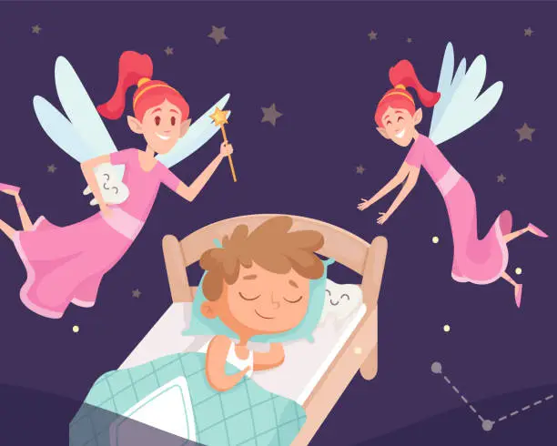 Vector illustration of Tooth fairy. Fantasy female characters with wings brought a gift to sleeping kid