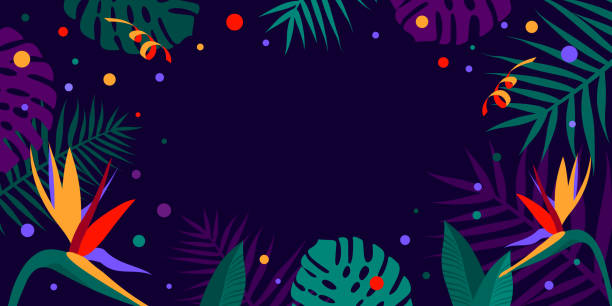 ilustraciones, imágenes clip art, dibujos animados e iconos de stock de antecedentes del mes de la herencia hispana. banner web vectorial, cartel, tarjeta para redes sociales, redes. saludando el mes nacional de la herencia hispana, flores tropicales sobre fondo púrpura con color azul y amarillo - mes nacional de la herencia hispana