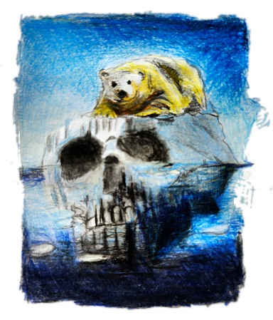 White polar bear taking refuge on the last iceberg due to climate change - color pencils on paper drawing