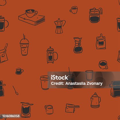 istock Hand drawn doodle coffee tools seamless pattern.Trending vector doodle illustrations for coffee shop and restaurant menu.Hand drawn coffee shop design concept and coffee break icons.Menu line art. 1516086058