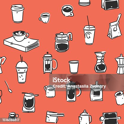 istock Hand drawn doodle coffee tools seamless pattern.Trending vector doodle illustrations for coffee shop and restaurant menu.Hand drawn coffee shop design concept and coffee break icons.Menu line art. 1516086817