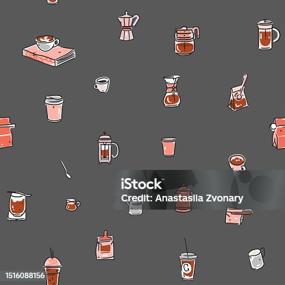 istock Hand drawn doodle coffee tools seamless pattern.Trending vector doodle illustrations for coffee shop and restaurant menu.Hand drawn coffee shop design concept and coffee break icons.Menu line art. 1516088156