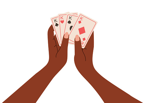Cartoon Manicured dark-skinned female hands holding playing cards kings. Vector isolated illustration in flat style, logical board game poker.