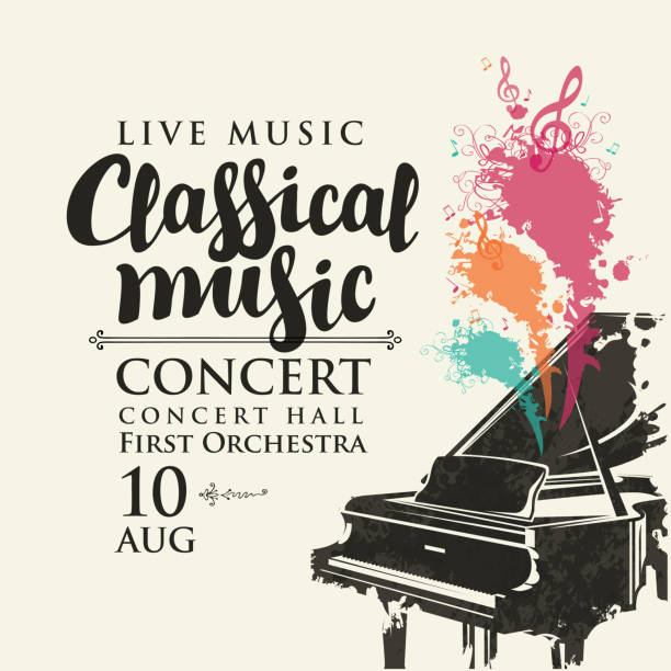 ilustraciones, imágenes clip art, dibujos animados e iconos de stock de cartel de un concierto de música clásica en directo - piano