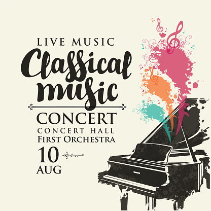 Poster for a live classical music concert. Vector flyer, invitation, ticket or advertising banner with an abstract image of a grand piano in the form of bright spots of paint and treble clef and notes