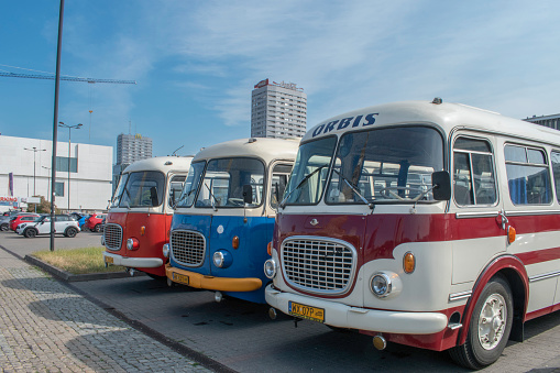 Warsaw, Poland, 16 June 2023: A row of iconic Jelcz buses, which were highly popular in Poland during the 1960s and 1970s. These buses were based on the Czechoslovakian Skoda RTO 706 Karosa model.
