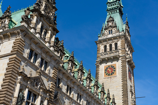 Low angle view of Hamburg townhall against clear sky