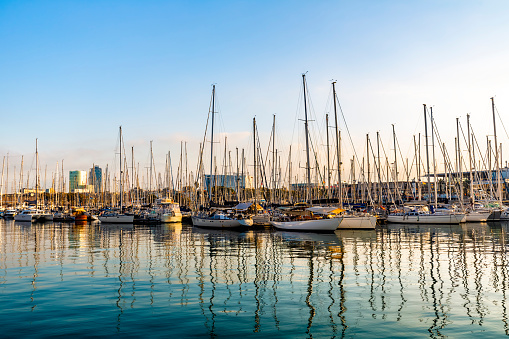 Luxury yachts at sunset. Marina of modern motor and sailing boats in sunshine. Reflection blue sky in water. Sea port dock. Travel and fashionable vacation.