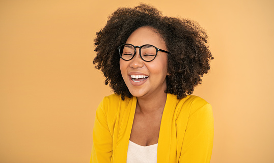Portrait smile confident business nerdy black woman yellow suit office. Black business girl Startup successful power business leader women executive people looking copy space isolated on yellow