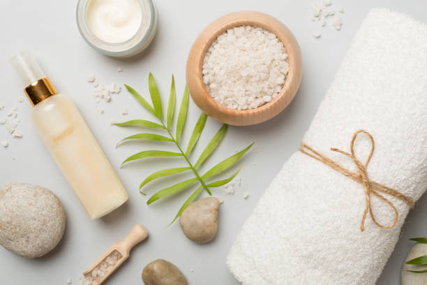 istock Composition with spa products on color background, top view 1516135014