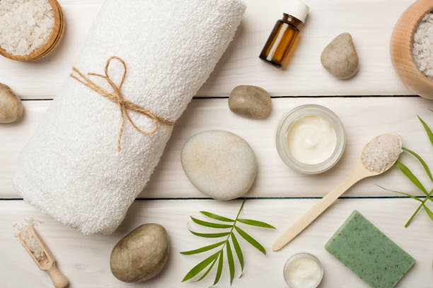istock Composition with spa products on wooden background, top view 1516135015