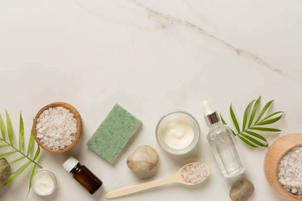 istock Composition with spa products on marble background, top view 1516135017
