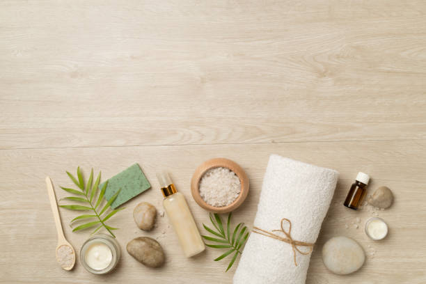 istock Composition with spa products on wooden background, top view 1516135033