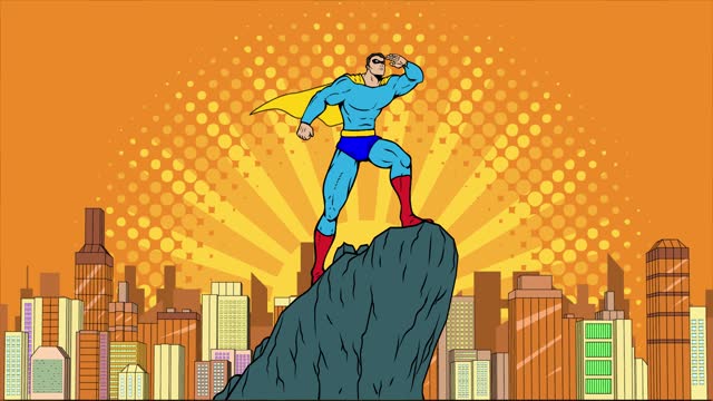 Looping Pop Art Style Superhero Looking at Far Away in a City Animation Stock Video