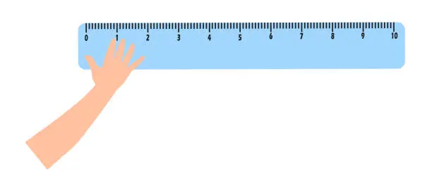 Vector illustration of cute little boy measure length using hand span