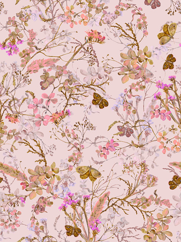 Floral seamless pattern with dried flowers and butterflies hand drawn in watercolor. Watercolor print for wallpaper, fabric with wildflowers and herbs