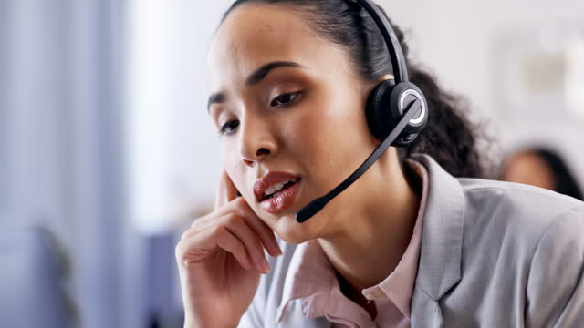 Call center, tired or woman frustrated in customer service consulting, conversation or explaining. Burnout, fatigue or stressed crm sales agent talking or speaking with headache at help desk office