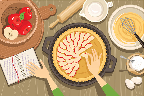 Overview illustration of hands baking an apple pie