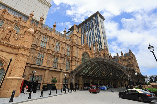 Macau, China July 2 2023: exterior of The Londoner Macao. it is the casino and resort with London theme such as replica of Palace of Westminster.