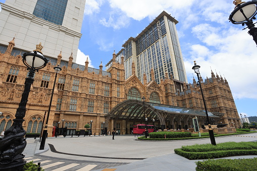 Macau, China July 2 2023: exterior of The Londoner Macao. it is the casino and resort with London theme such as replica of Palace of Westminster.