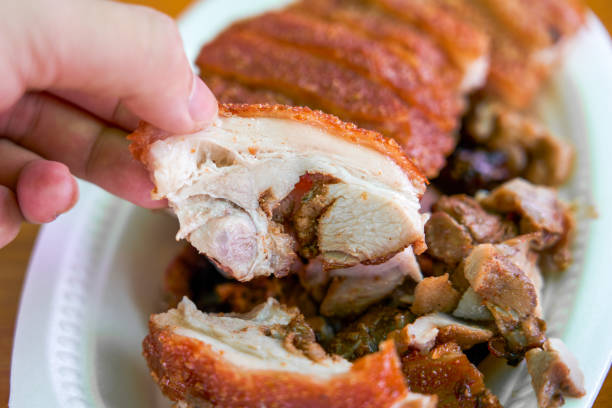 Freshly baked crispy suckling pork, a whole pig with crispy skin