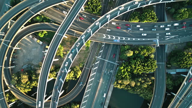 4K Aerial view Real time Footage of Bowen Hills Express way with Crowded Traffic, Multiple Lane Highway and interchange at rush hour evening time in Brisbane