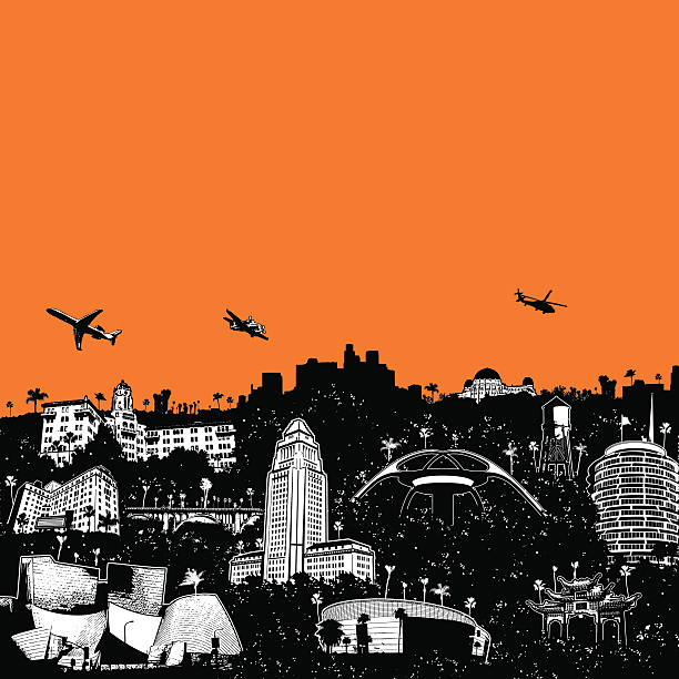 Los Angeles cityscape An illustration of LA icons with aircraft flying overhead los angeles stock illustrations