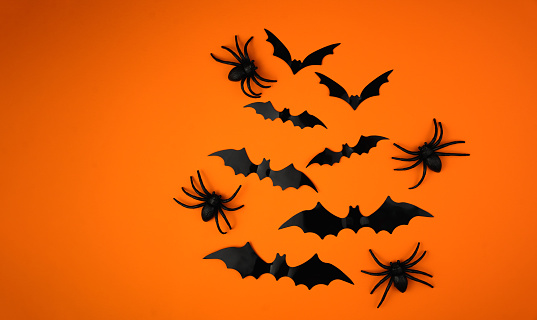 Creative composition for Halloween. Black spiders and bats on an orange background. Happy Halloween. Banner. Copy space. Selective focus.