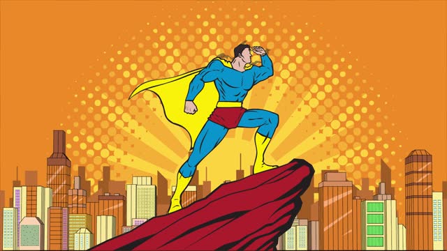 Looping Pop Art Style Superhero Looking at Far Away in a City Animation Stock Video
