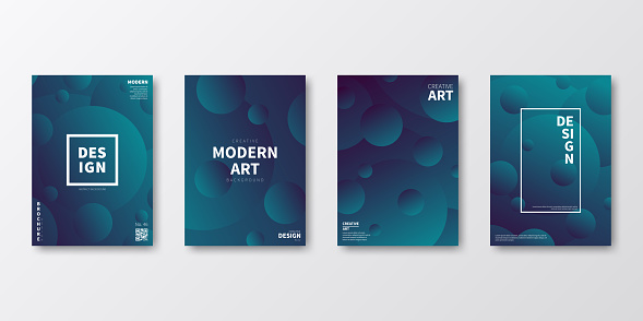 Set of four vertical brochure templates with modern and trendy backgrounds, isolated on blank background. Abstract illustrations with circles and beautiful color gradient (colors used: Green, Blue, Purple, Black). Can be used for different designs, such as brochure, cover design, magazine, business annual report, flyer, leaflet, presentations... Template for your own design, with space for your text. The layers are named to facilitate your customization. Vector Illustration (EPS file, well layered and grouped). Easy to edit, manipulate, resize or colorize. Vector and Jpeg file of different sizes.