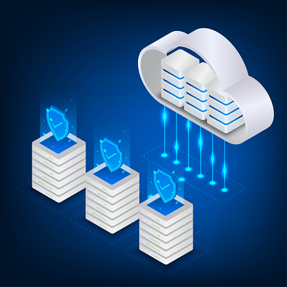 Vector isometric security server storage with cloud concept.