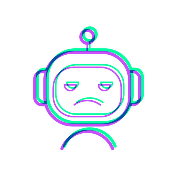 Sad bot - robot face. Icon with two color overlay on white background Icon of "Sad bot - robot face" in trendy colorful style on blank background. Purple and green are overlapped to create a modern visual effect, looking like anaglyph images. The combination of purple and green in this illustration creates a predominantly dark blue icon. Vector Illustration (EPS file, well layered and grouped). Easy to edit, manipulate, resize or colorize. Vector and Jpeg file of different sizes. robot clipart stock illustrations