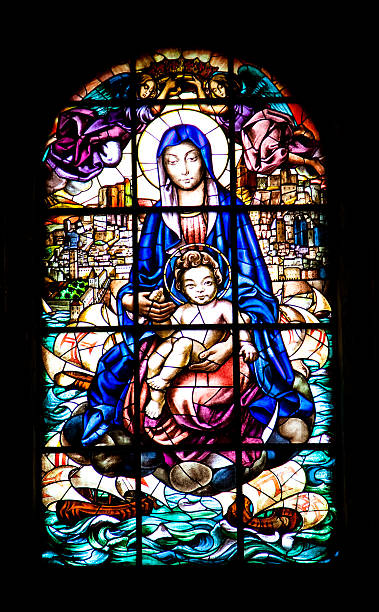 Stained- glass window in church. Lisbon, Portugal