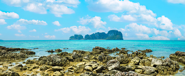 Sea landscape panorama with island and rocks