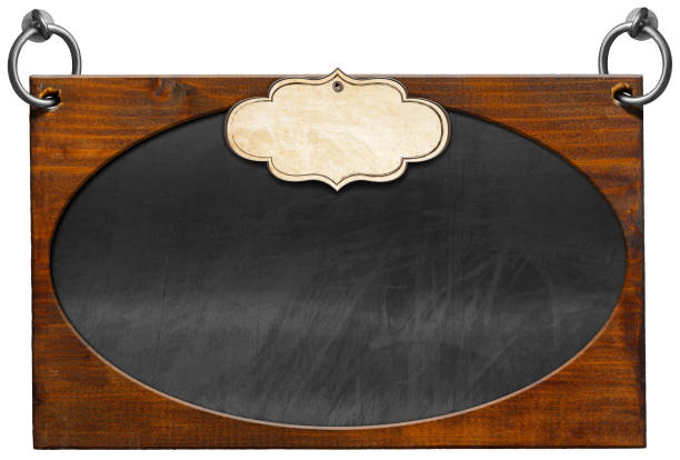 Old empty blackboard with wooden rectangular and oval frame (ellipse shape) and blank label. Steel rings for hanging. Isolated on white background and copy space, template.
