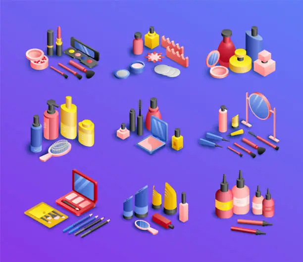 Vector illustration of Cosmetics Isometric Set