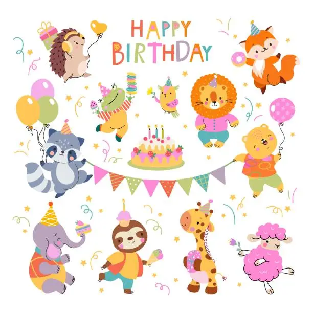 Vector illustration of Birthday party animals. Woodland animal with cake and balloons. Cute wild animal for children festive decorations. Funny adorable nowaday vector clipart