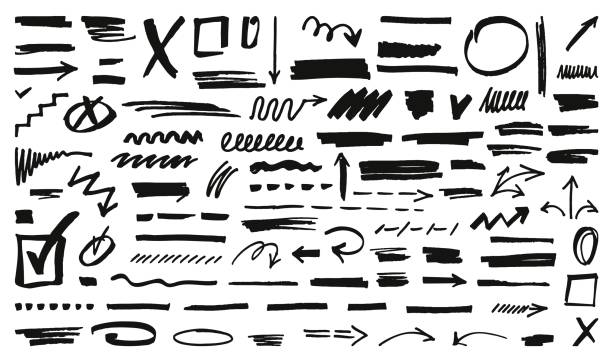 Black marker stains grunge set. Handwriting scribble stroke, underline graphite textures. Brush signs and crayon drawing neoteric vector elements vector art illustration