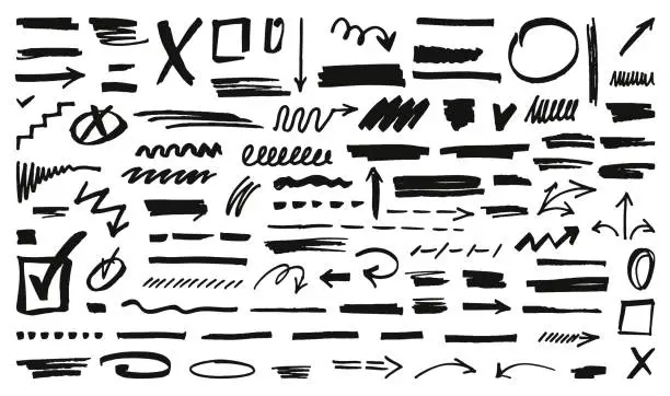 Vector illustration of Black marker stains grunge set. Handwriting scribble stroke, underline graphite textures. Brush signs and crayon drawing neoteric vector elements