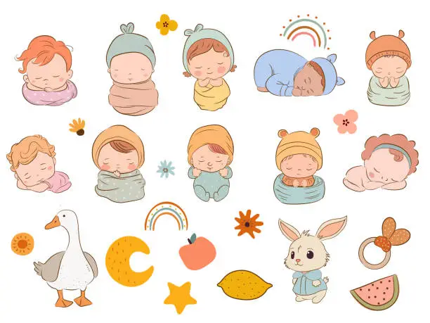 Vector illustration of Cute sleeping newborn babies collection. Vector illustration.