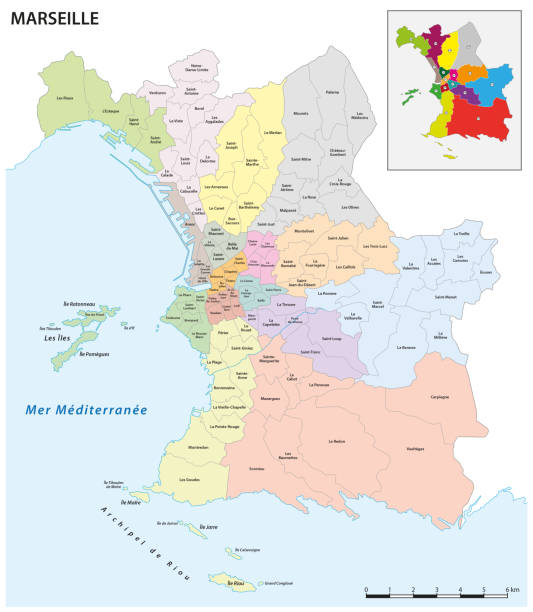 wektorowa mapa administracyjna francuskiego miasta marsylia - śródziemnomorskie kraje stock illustrations