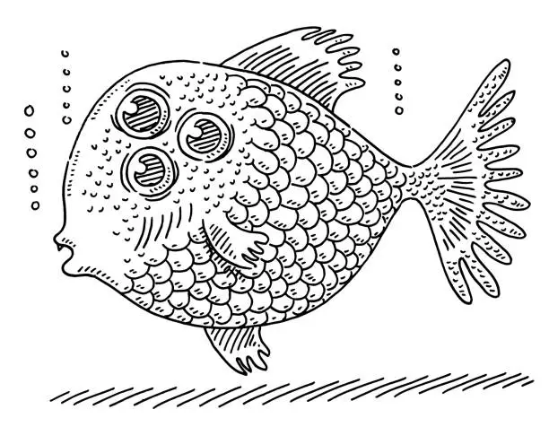 Vector illustration of Three Eyed Fish Mutation Animal Drawing