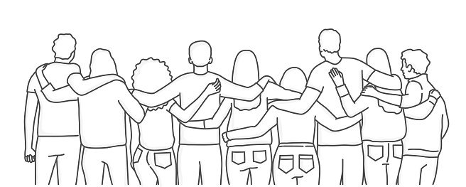 Back view of men and women standing together, embracing each other. People help each other. Hand drawn vector illustration.